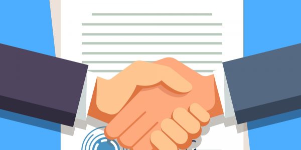 Business man firmly shaking hands over a signed contract with stamp. Modern flat style vector illustration.